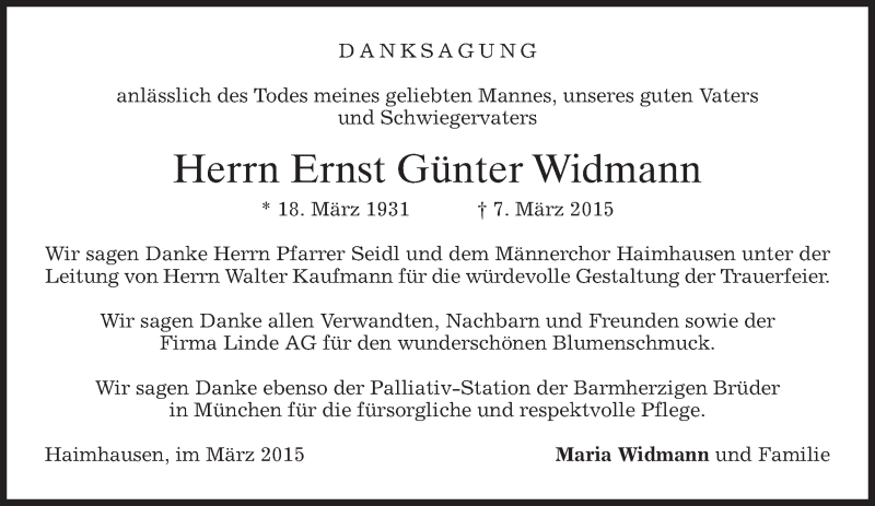  Traueranzeige für Ernst Günter Widmann vom 21.03.2015 aus merkurtz
