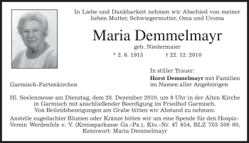Traueranzeige von Maria Demmelmayr von MERKUR & TZ