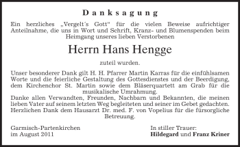 Traueranzeige von Hans Hengge von MERKUR & TZ