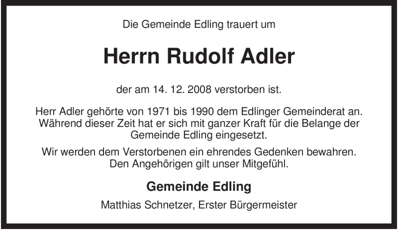  Traueranzeige für Rudolf Adler vom 16.12.2008 aus MERKUR & TZ