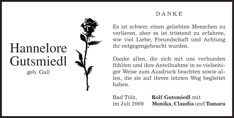  Traueranzeige für Hannelore Gutsmiedl vom 04.07.2009 aus MERKUR & TZ