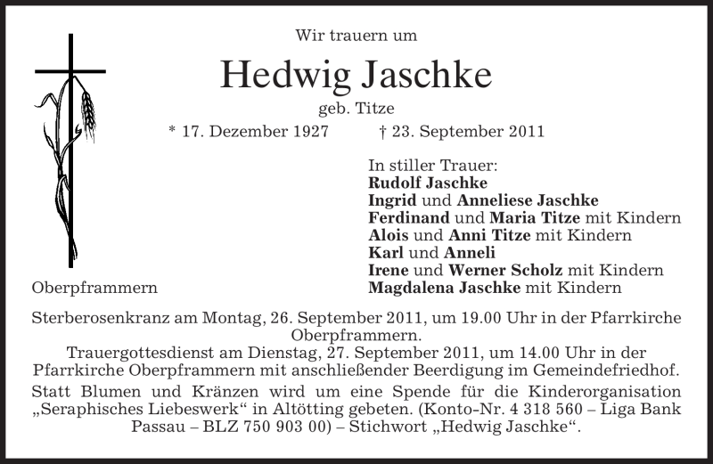  Traueranzeige für Hedwig Jaschke vom 26.09.2011 aus MERKUR & TZ