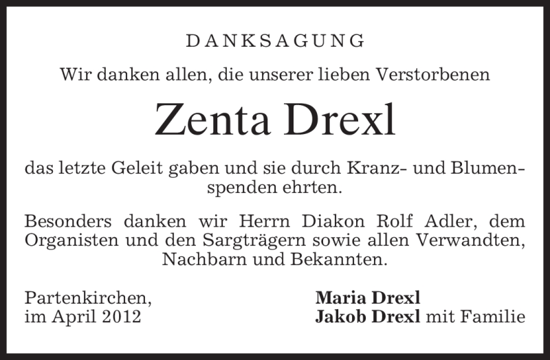  Traueranzeige für Zenta Drexl vom 21.04.2012 aus MERKUR & TZ