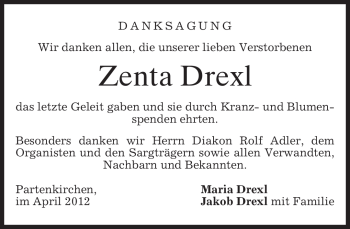 Traueranzeige von Zenta Drexl von MERKUR & TZ