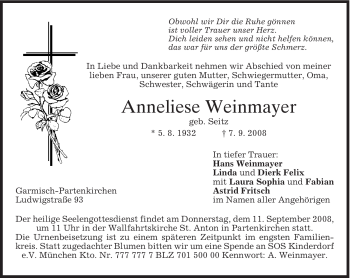 Traueranzeige von Anneliese Weinmayer von MERKUR & TZ