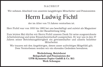 Traueranzeige von Ludwig Fichtl von MERKUR & TZ
