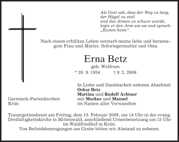 Traueranzeige von Erna Betz von MERKUR & TZ
