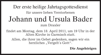 Traueranzeige von Ursula Bader von MERKUR & TZ