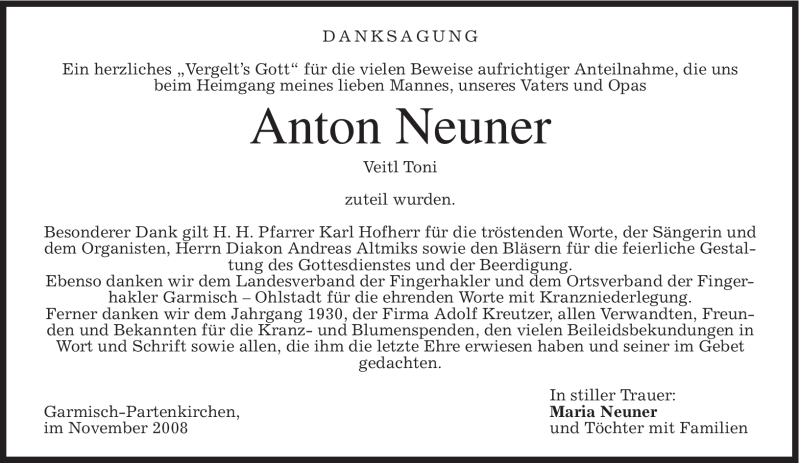  Traueranzeige für Anton Neuner vom 08.11.2008 aus MERKUR & TZ
