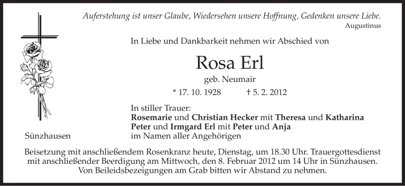  Traueranzeige für Rosa Erl vom 07.02.2012 aus MERKUR & TZ