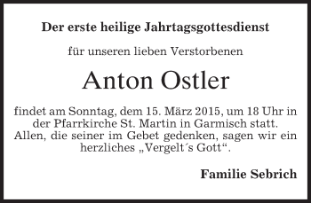 Traueranzeige von Anton Ostler von merkurtz