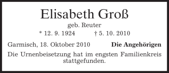 Traueranzeige von Elisabeth Groß von MERKUR & TZ