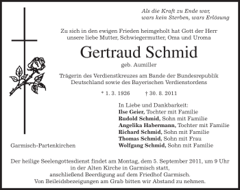 Traueranzeige von Gertraud Schmid von MERKUR & TZ