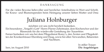 Traueranzeige von Juliana Holnburger von MERKUR & TZ