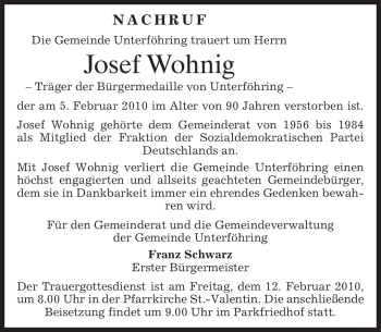 Traueranzeige von Josef Wohnig von MERKUR & TZ