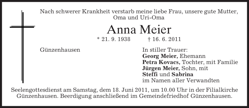  Traueranzeige für Anna Meier vom 17.06.2011 aus MERKUR & TZ