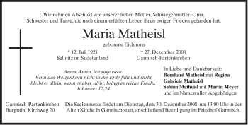 Traueranzeige von Maria Matheisl von MERKUR & TZ