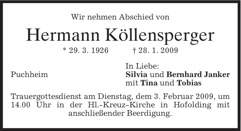  Traueranzeige für Hermann Köllensperger vom 31.01.2009 aus MERKUR & TZ