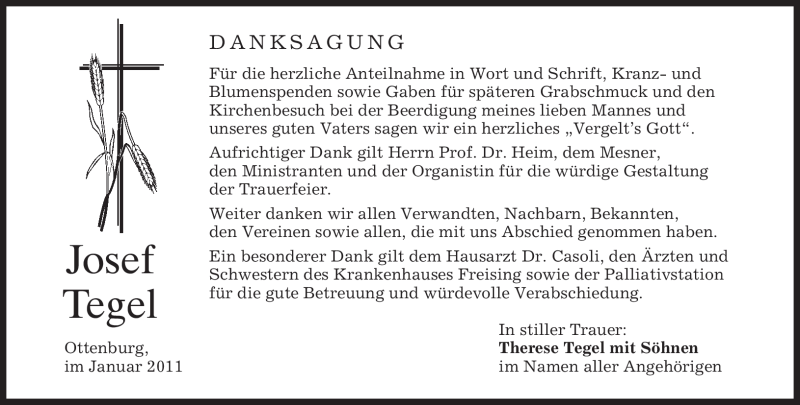  Traueranzeige für Josef Tegel vom 08.01.2011 aus MERKUR & TZ