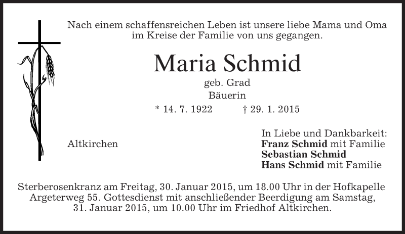  Traueranzeige für Maria Schmid vom 30.01.2015 aus merkurtz