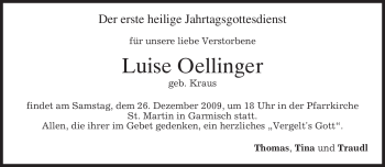 Traueranzeige von Luise Oellinger von MERKUR & TZ