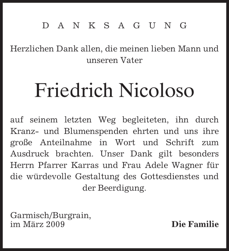  Traueranzeige für Friedrich Nicoloso vom 28.03.2009 aus MERKUR & TZ