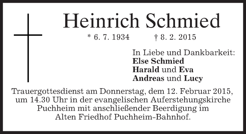  Traueranzeige für Heinrich Schmied vom 10.02.2015 aus merkurtz