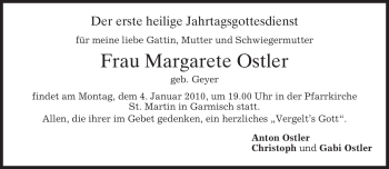 Traueranzeige von Margarete Ostler von MERKUR & TZ