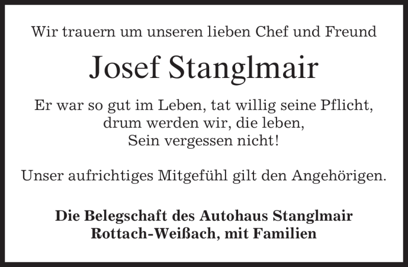  Traueranzeige für Josef Stanglmair vom 21.08.2009 aus MERKUR & TZ