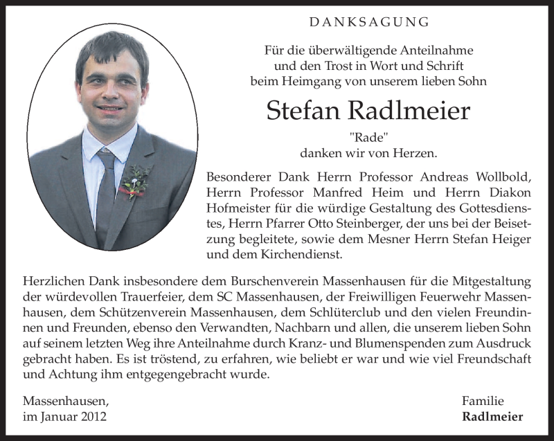  Traueranzeige für Stefan Radlmeier vom 14.01.2012 aus MERKUR & TZ