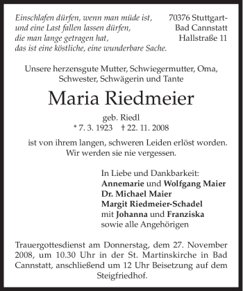 Traueranzeige von Maria Riedmeier von MERKUR & TZ