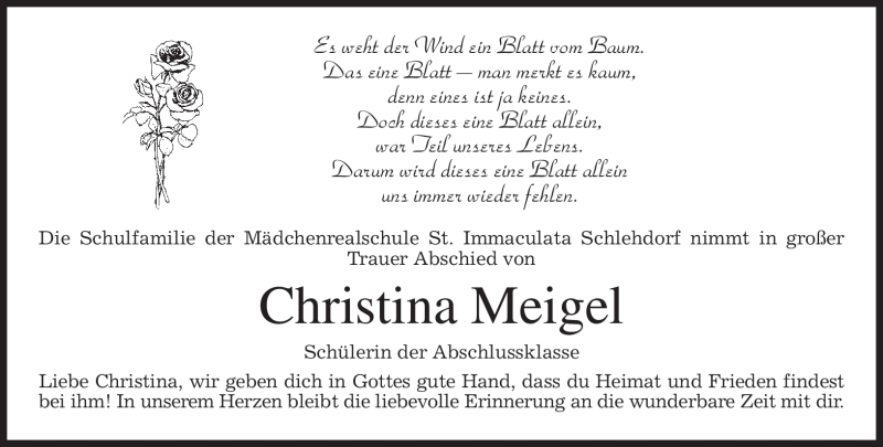  Traueranzeige für Christina Meigel vom 03.12.2009 aus MERKUR & TZ