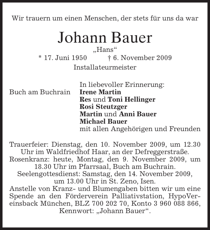  Traueranzeige für Johann Bauer vom 09.11.2009 aus MERKUR & TZ
