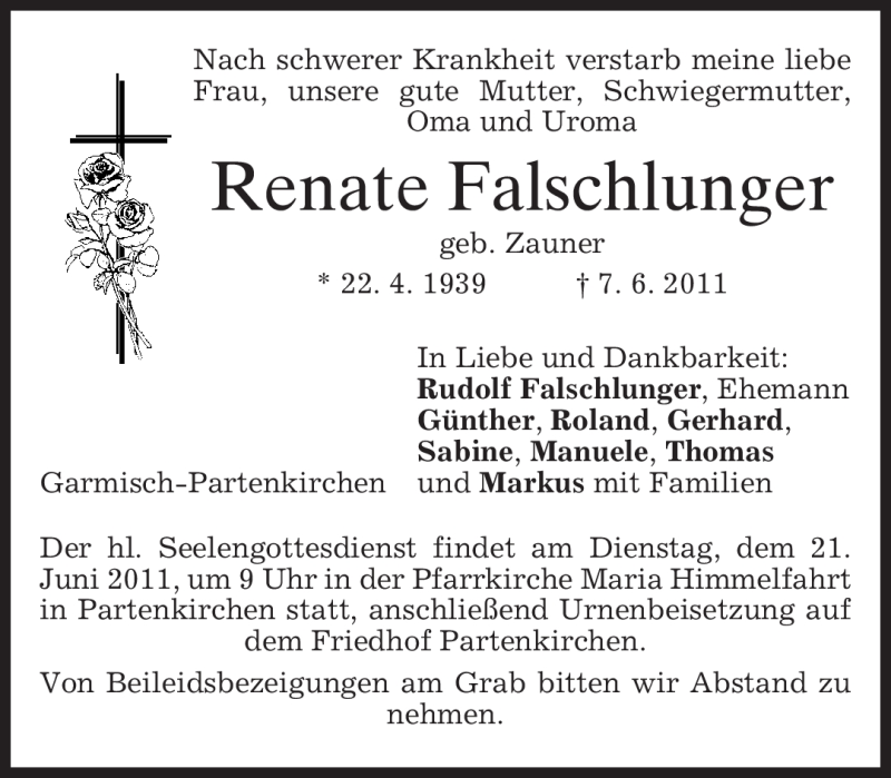  Traueranzeige für Renate Falschlunger vom 17.06.2011 aus MERKUR & TZ