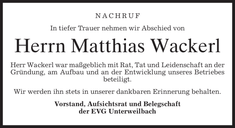  Traueranzeige für Matthias Wackerl vom 03.05.2011 aus MERKUR & TZ