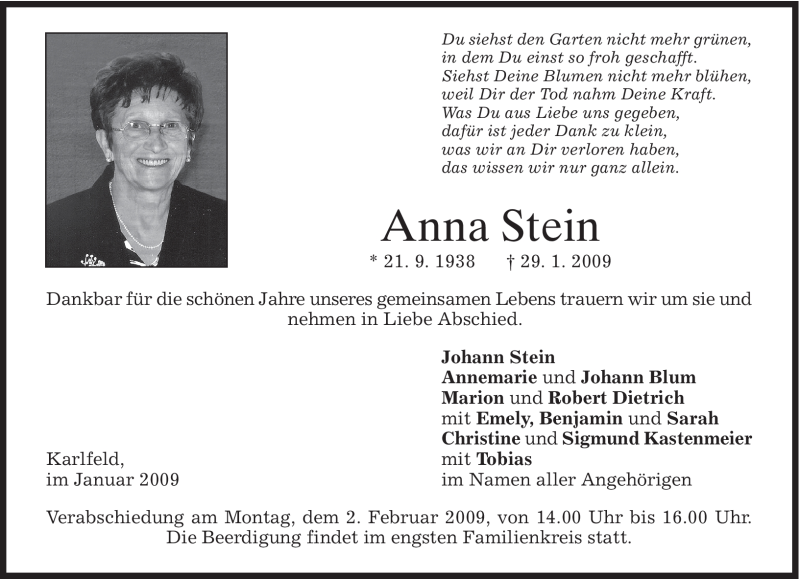 Traueranzeige für Anna Stein vom 31.01.2009 aus MERKUR & TZ