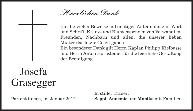  Traueranzeige für Josefa Grasegger vom 07.01.2012 aus MERKUR & TZ