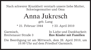 Traueranzeige von Anna Jukresch von MERKUR & TZ