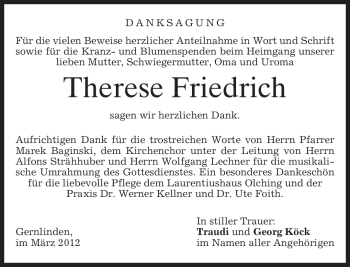 Traueranzeige von Therese Friedrich von MERKUR & TZ