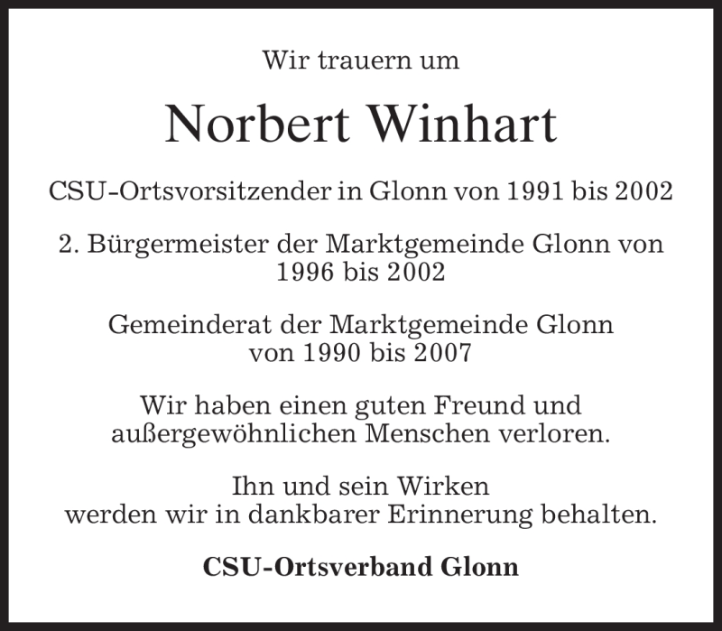  Traueranzeige für Norbert Winhart vom 03.05.2010 aus MERKUR & TZ