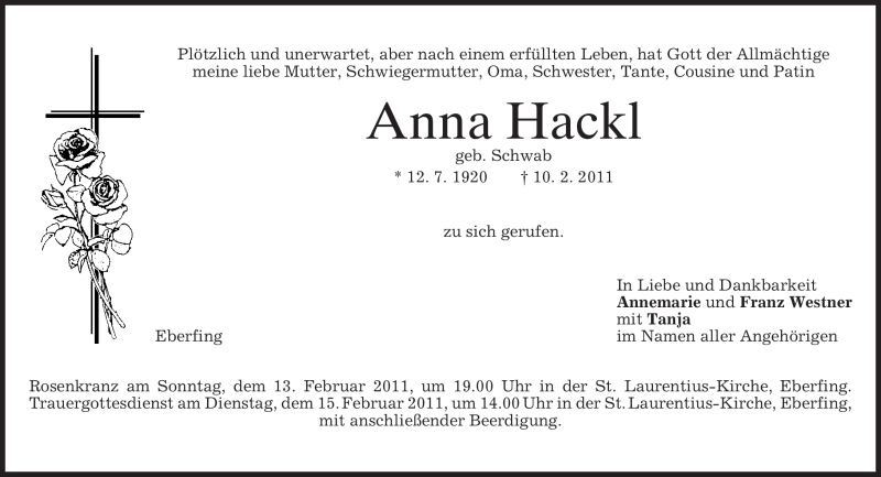  Traueranzeige für Anna Hackl vom 12.02.2011 aus MERKUR & TZ