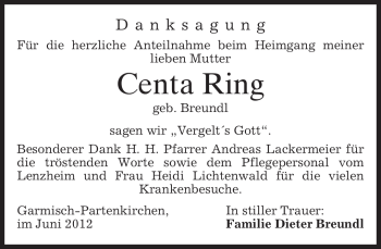 Traueranzeige von Centa Ring von MERKUR & TZ