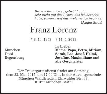 Traueranzeige von Franz Lorenz von merkurtz