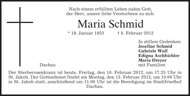  Traueranzeige für Maria Schmid vom 10.02.2012 aus MERKUR & TZ