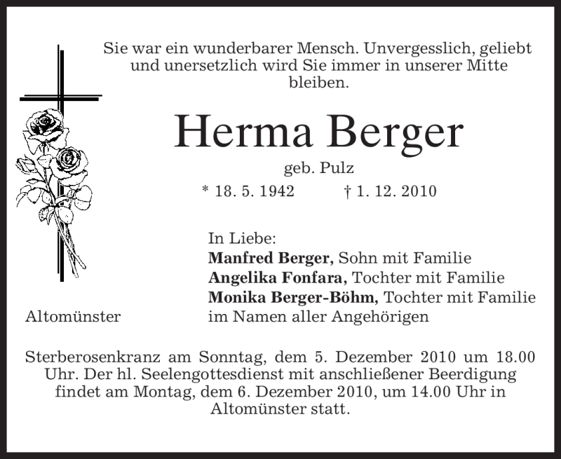 Traueranzeige für Herma Berger vom 04.12.2010 aus MERKUR & TZ