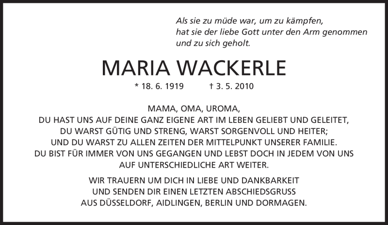  Traueranzeige für Maria Wackerle vom 06.05.2010 aus MERKUR & TZ
