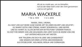 Traueranzeige von Maria Wackerle von MERKUR & TZ