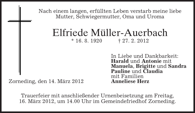  Traueranzeige für Elfriede Müller-Auerbach vom 14.03.2012 aus MERKUR & TZ