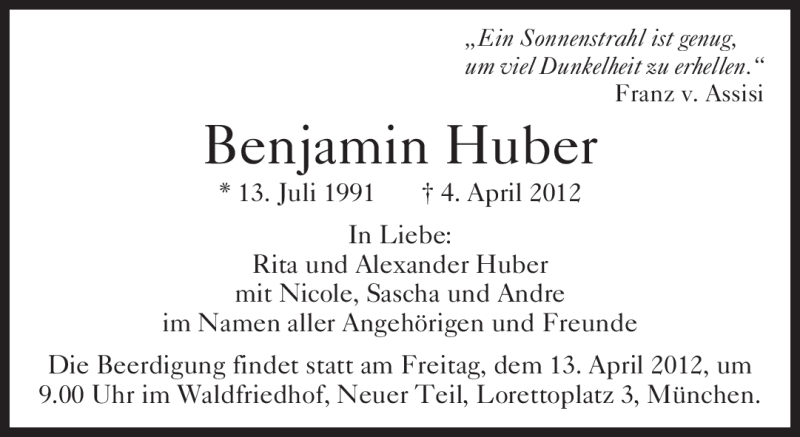  Traueranzeige für Benjamin Huber vom 07.04.2012 aus MERKUR & TZ