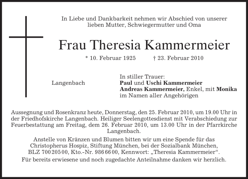  Traueranzeige für Theresia Kammermeier vom 25.02.2010 aus MERKUR & TZ